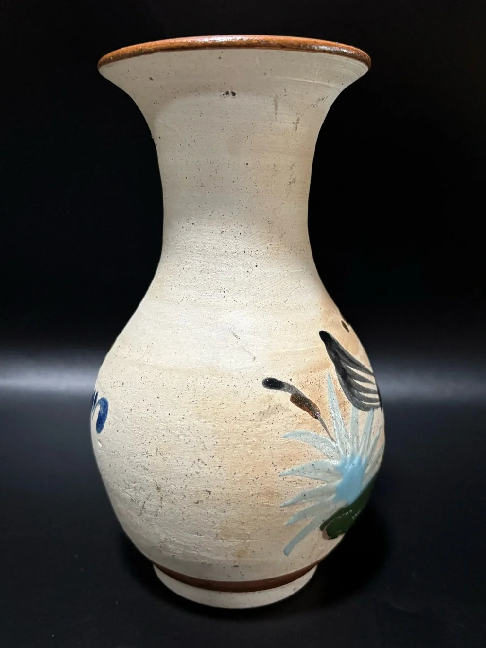 Vintage Tonala Mexican Pottery Vase Hand Painted Folk Art Bird Sandstone 6.5”